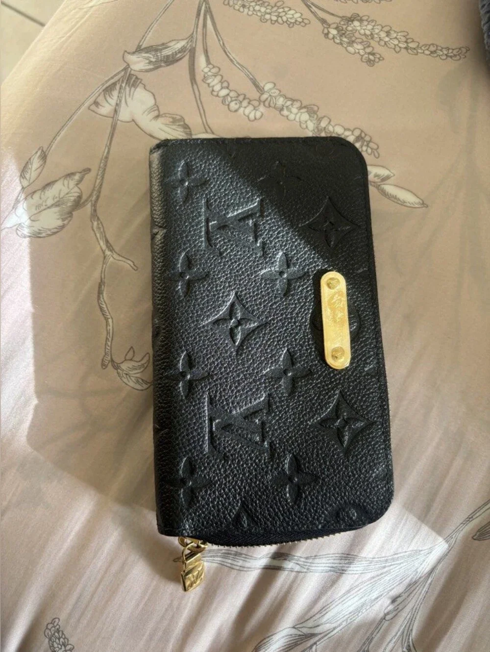 Louis Vuitton Black Embossed Monogram Zip Wallet with Gold Plate Accent